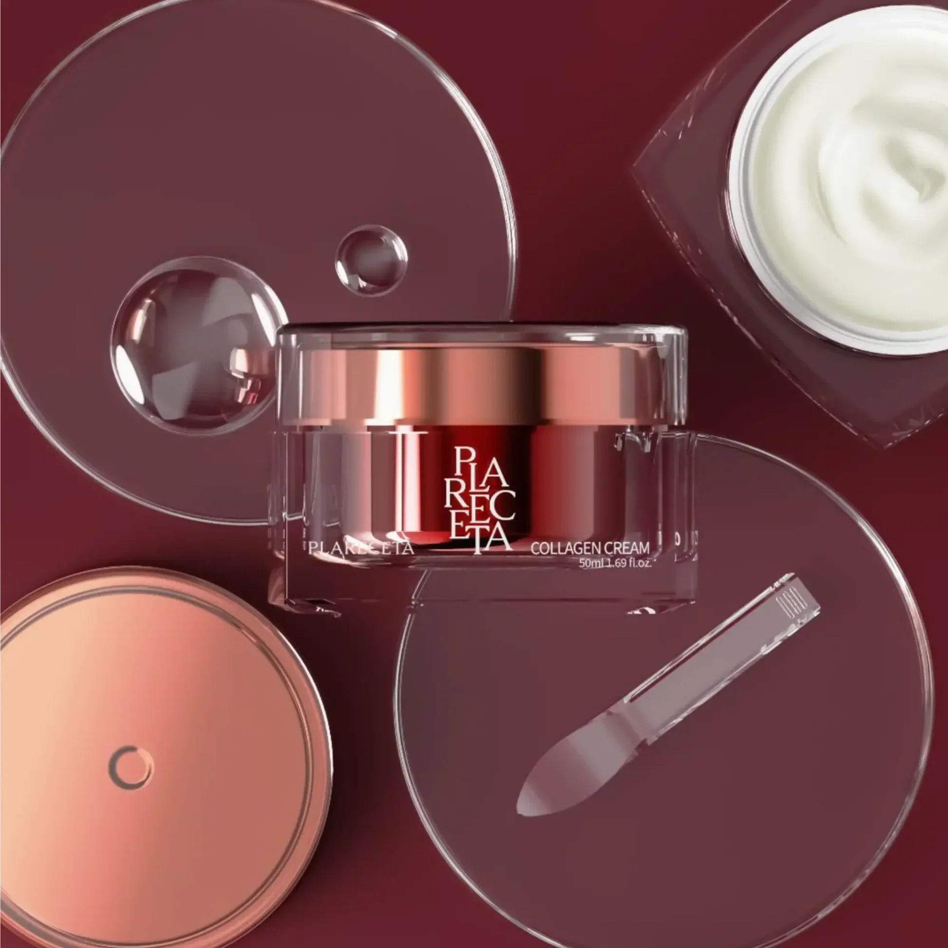 The Collagen Cream jar with a spatula and a swatch of the cream.