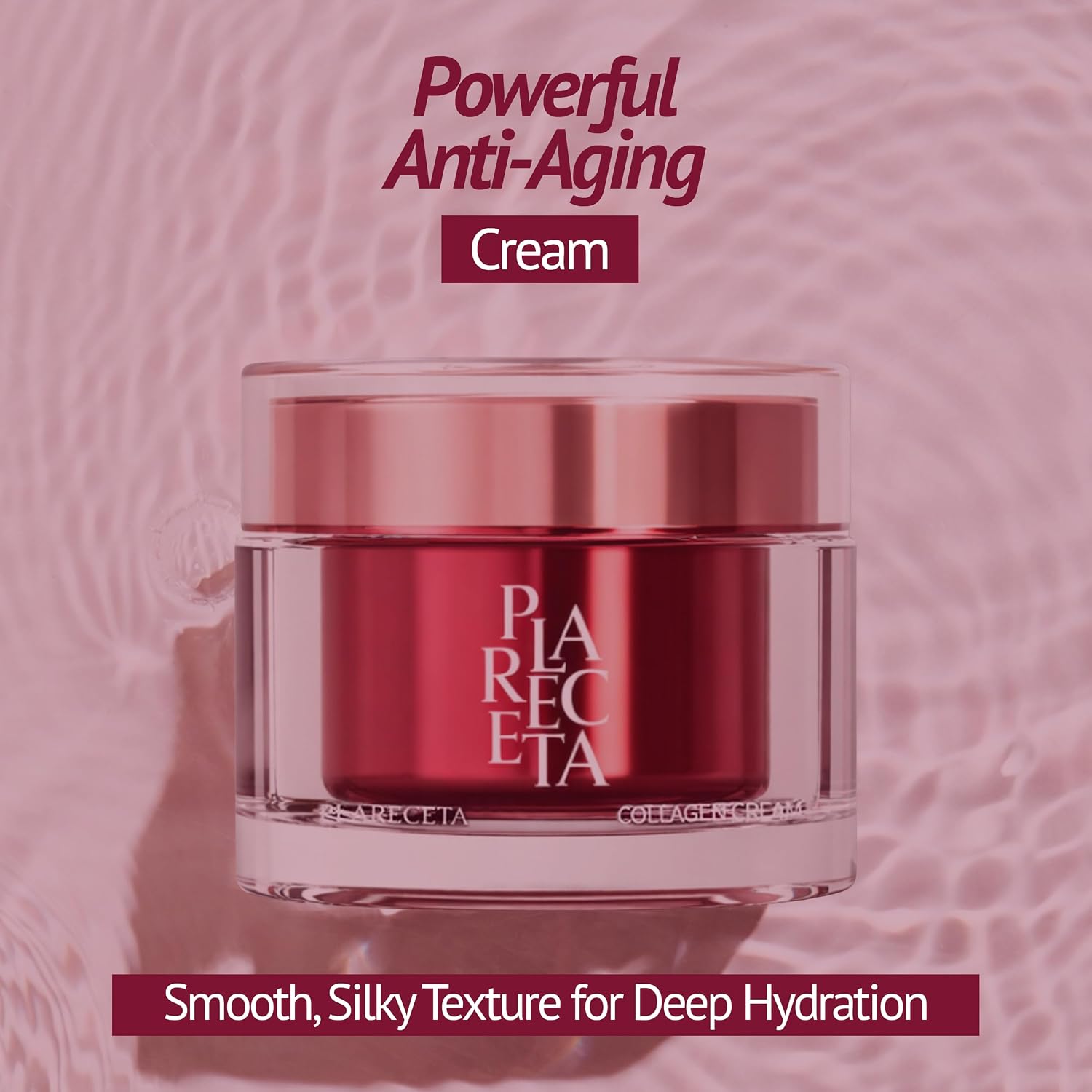 The Collagen Cream jar on a water surface.