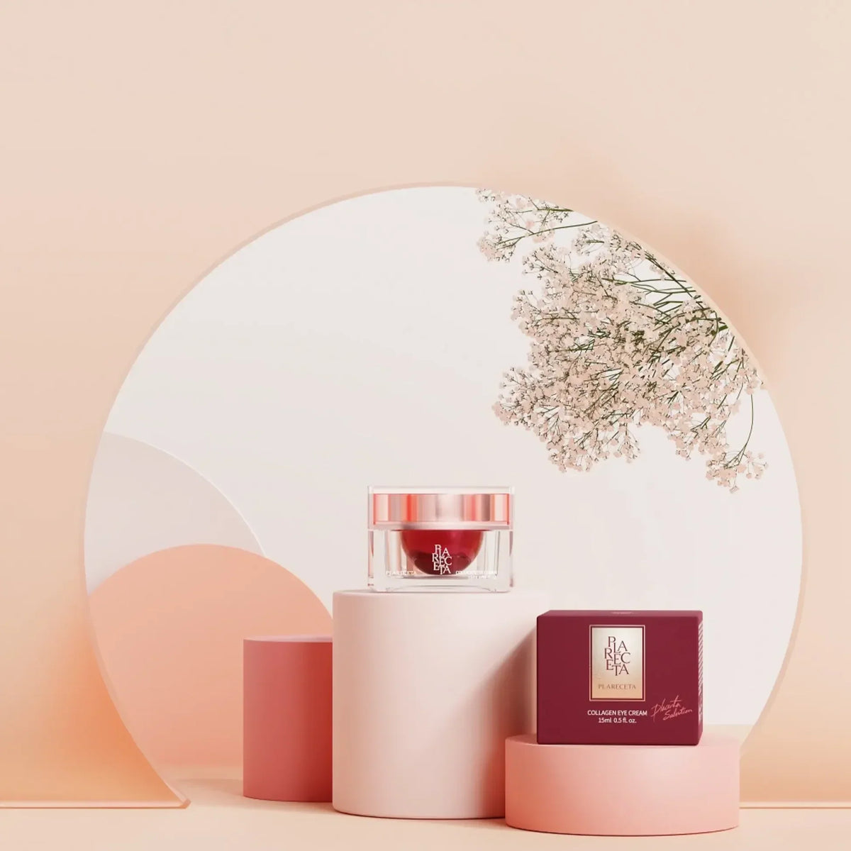 The Collagen Eye Cream jar and its carton on a rose ground.
