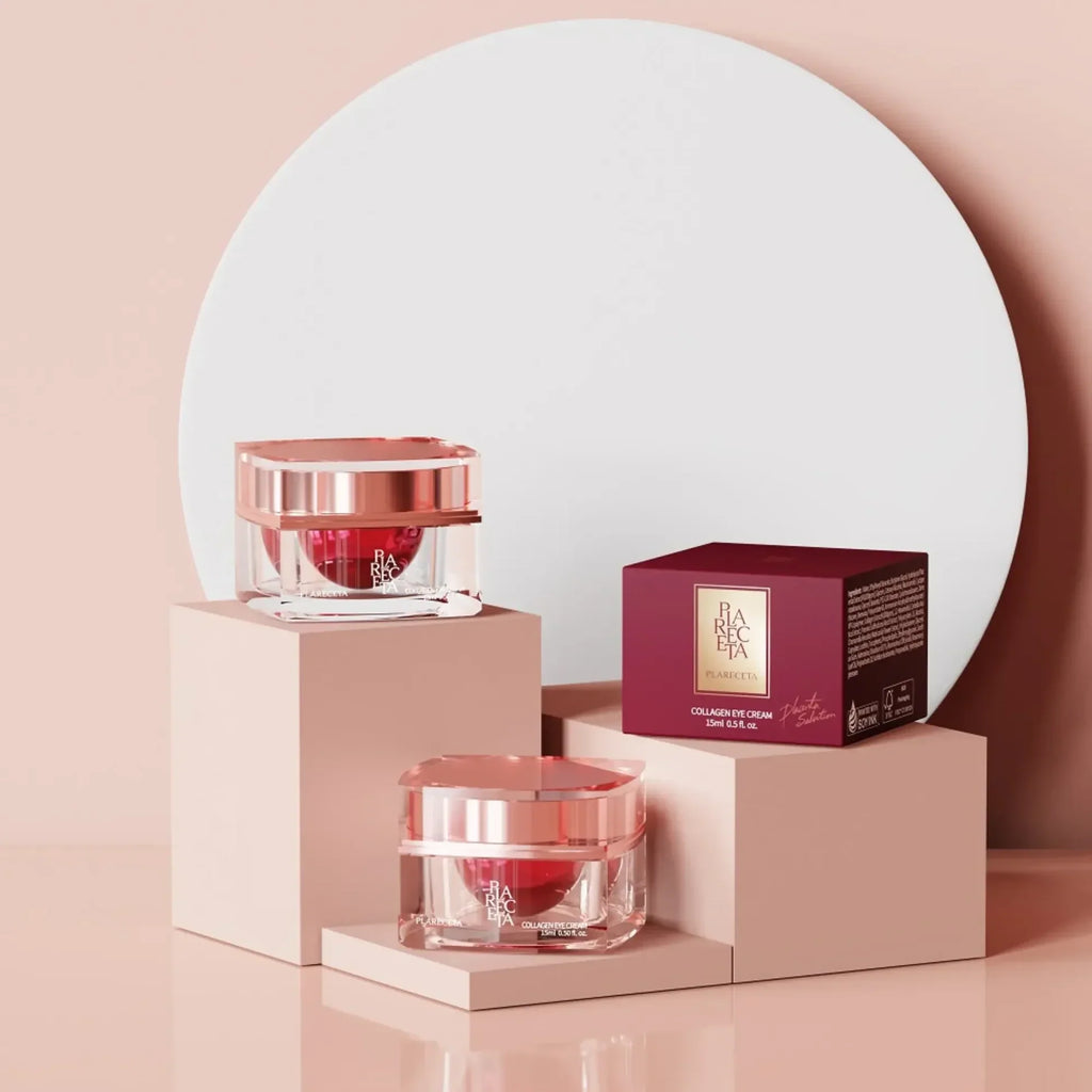 Two Collagen Eye Cream jars with the carton, showing the packaging from both sides.
