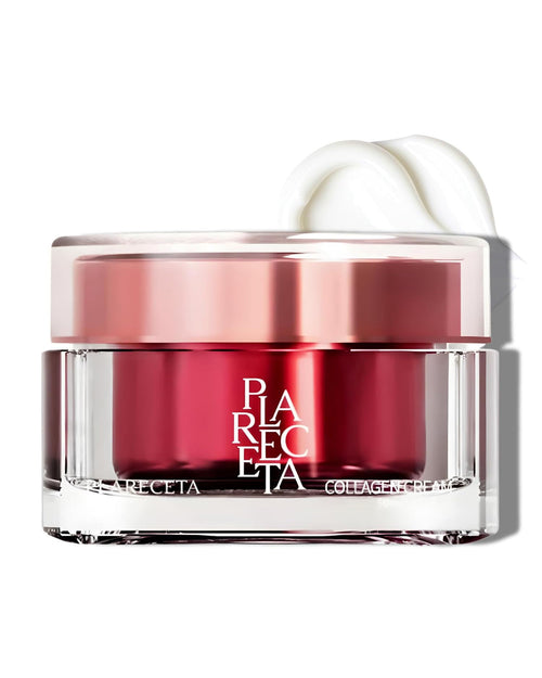 PLARECETA Collagen Cream, jar open, with a swirl of the cream beside it.